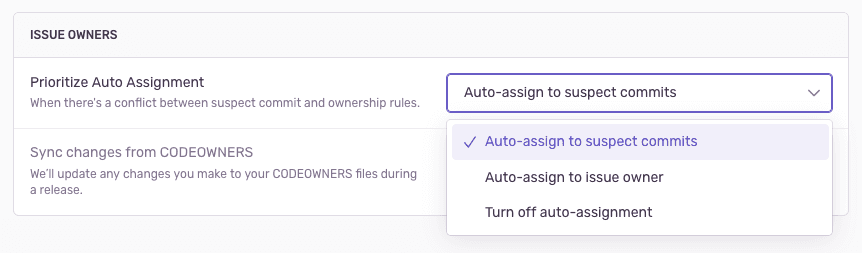 Select from dropdown to automatically assign issues to their suspect commit authors.